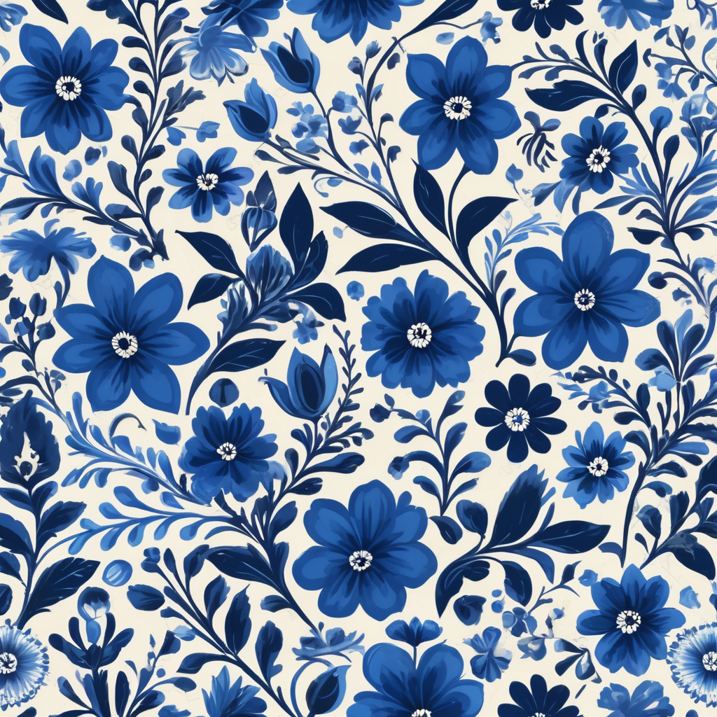 Seamless pattern beautiful floral pattern with blue flowers in the background, in the style of polish folklore motifs, juliana nan, mexican folklore - inspired, tivadar csontváry kosztka, clara peeters, texture exploration, blue color scheme, blue pallete, amoled, 264k render HD