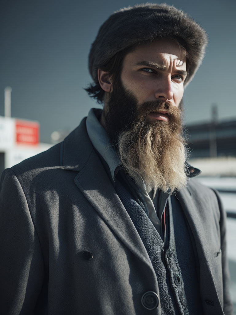 portrait of an ice hockey player with a big beard, in front of the hockey stadium, elegant, vogue, fashion magazine, sharp focus, Dramatic Lighting, Depth of field, Incredibly high detailed, blurred background