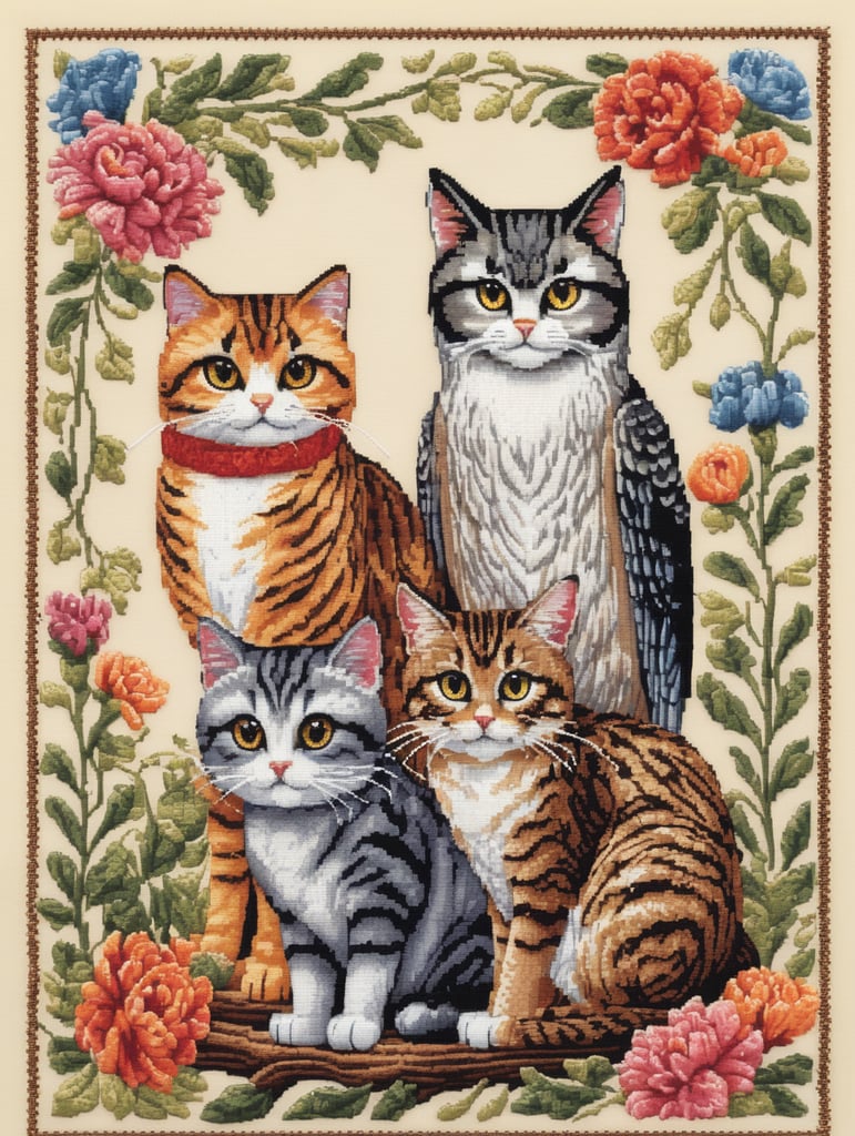 Create a cross stitch style image, using DMC thread colours. Based on "The Owl and the Pussycat" poem. Should be cute. Must include a picture of a cat and an owl