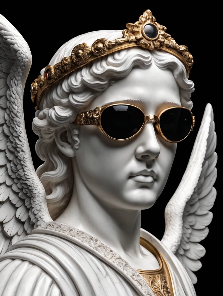 Marble antique angel in VR glasses Google. Isolated black background.