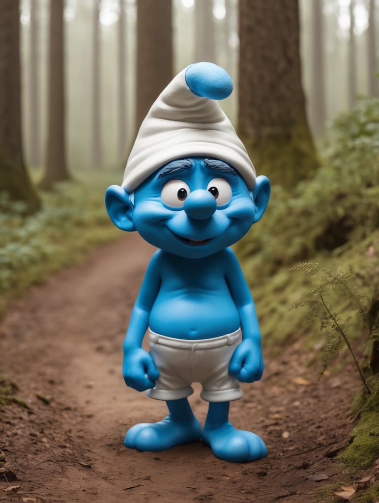 smurf grumpy face walking in beautiful forst
