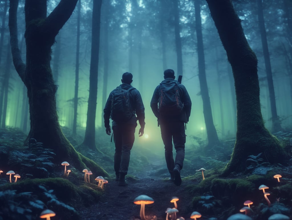 Using only the colors in the reference image, create a landscape of an peaceful and relaxing glowing forest with a single human exploring and glowing mushrooms on the forest floor