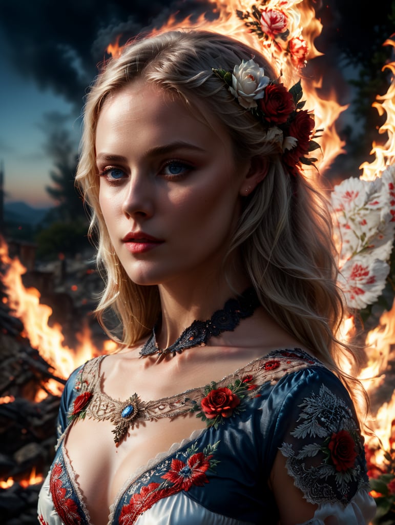 Portrait of a blonde with gray-blue eyes standing at night against a background of fire in a white transparent dress with red and white patterns of Balkan folklore and roses on her head in her hair, cinematic, photorealistic