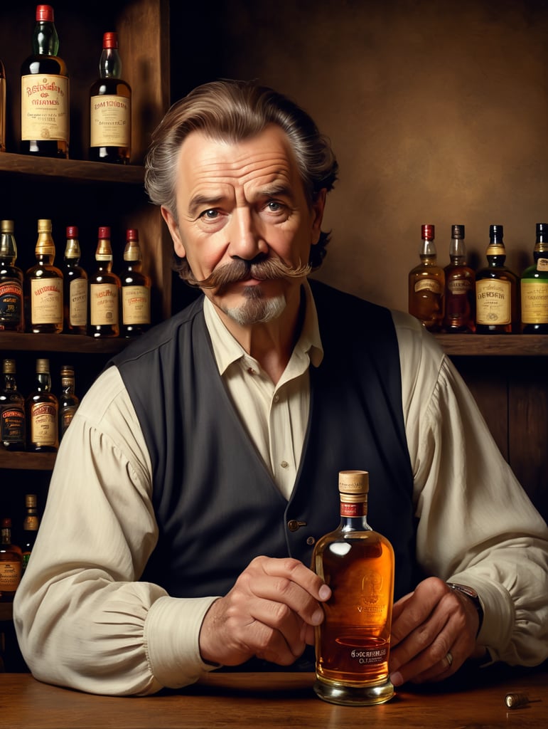 A 60 year old man with brown hair, a moustache and goatee admires a bottle of scotch whisky. In the style of Rembrandt, hyperrealistic, high resolution, detailed, antique painting, medieval.