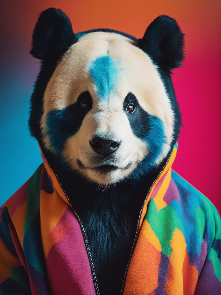 Portrait of a panda dressed in a colorful oversized jacket, Vivid saturated colors, Contrast color, studio photo, professional photo, Rich colors, Detailed image, detailed face