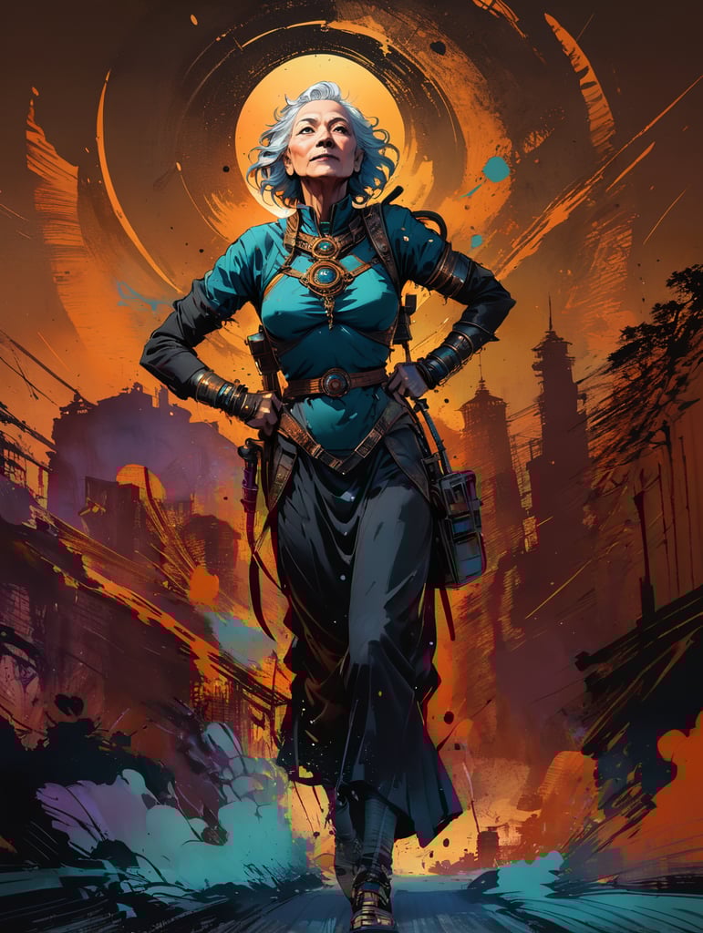 two shot midshot and overall plan, (cel-shading style:1.3), centered image, detailed illustration of grand mother, (ink lines:1.1), strong outlines, bold traces, unframed, high contrast, (cel-shaded:1.1), vector, 32k resolution, best quality, white background