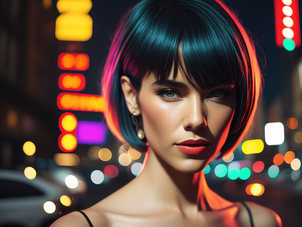beautiful woman, medium shot, full color photography, very colorful colors in her face, very detailed, high resolution, very short straight hair, black hair, "inverted bob" hairstyle, dark street, colorful neon lights, backlight, synthwave style colors, out of focus cars in the background