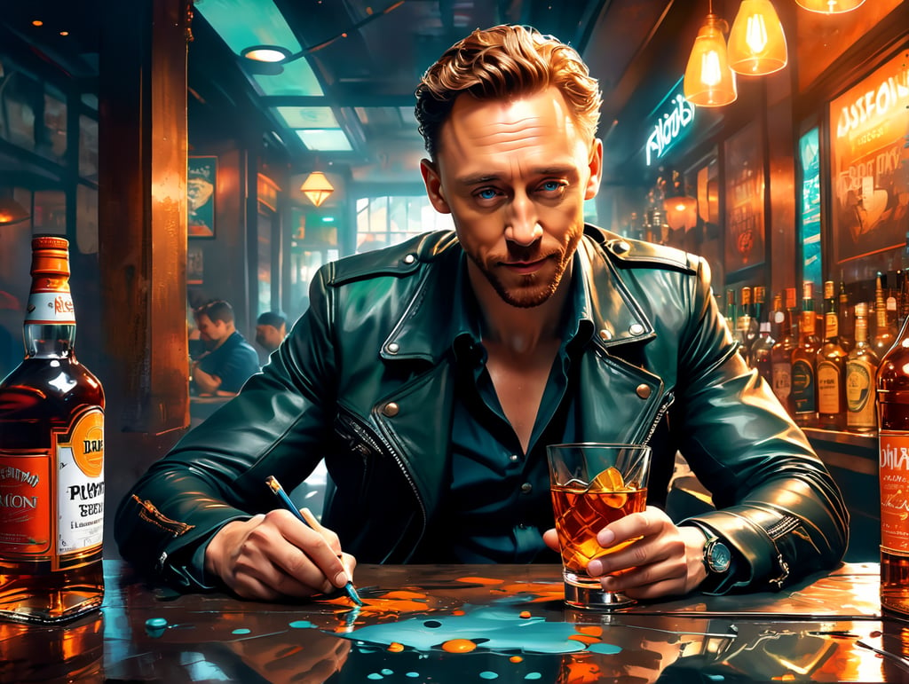 Tom Hiddleston down on his luck drinking scotch in a sleazy bar