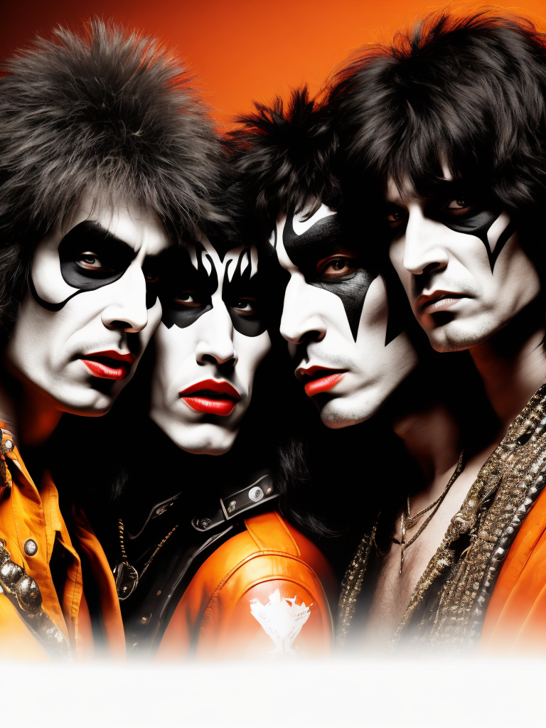 Rock band Kiss, studio photo, professional photo, Bright and rich colors, Detailed image, detailed face,