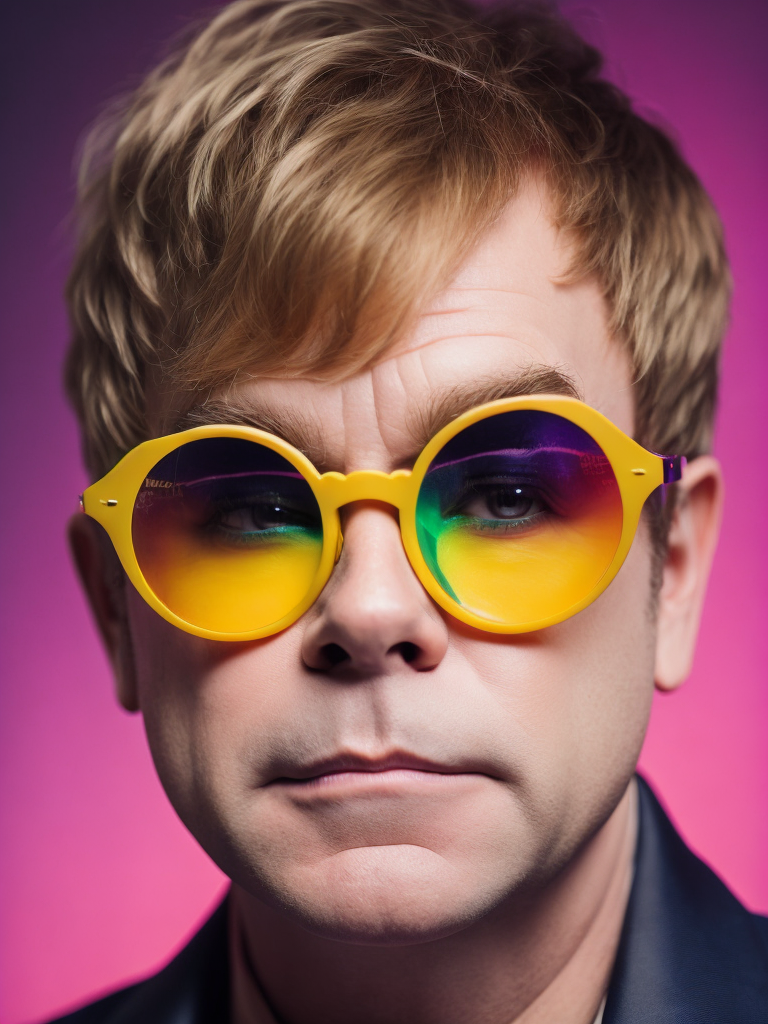 Portrait of Elton John with star-shaped glasses, Against a bright gradient, Vivid saturated colors, Contrast color