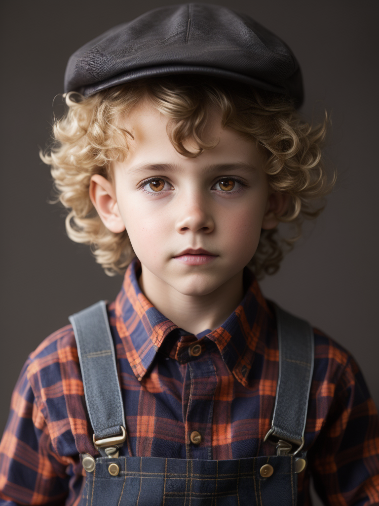 Young boy wearing a newsboys flat cap, curly blonde hair, deep amber eyes, overalls, red and white plaid button up shirt, hyper realistic, photorealism,