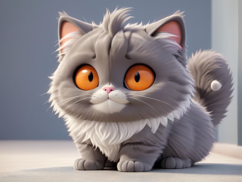 A funny British grey color a little bit fluffy cat named Wiskey with orange eyes with cheeks like plushy is pooping