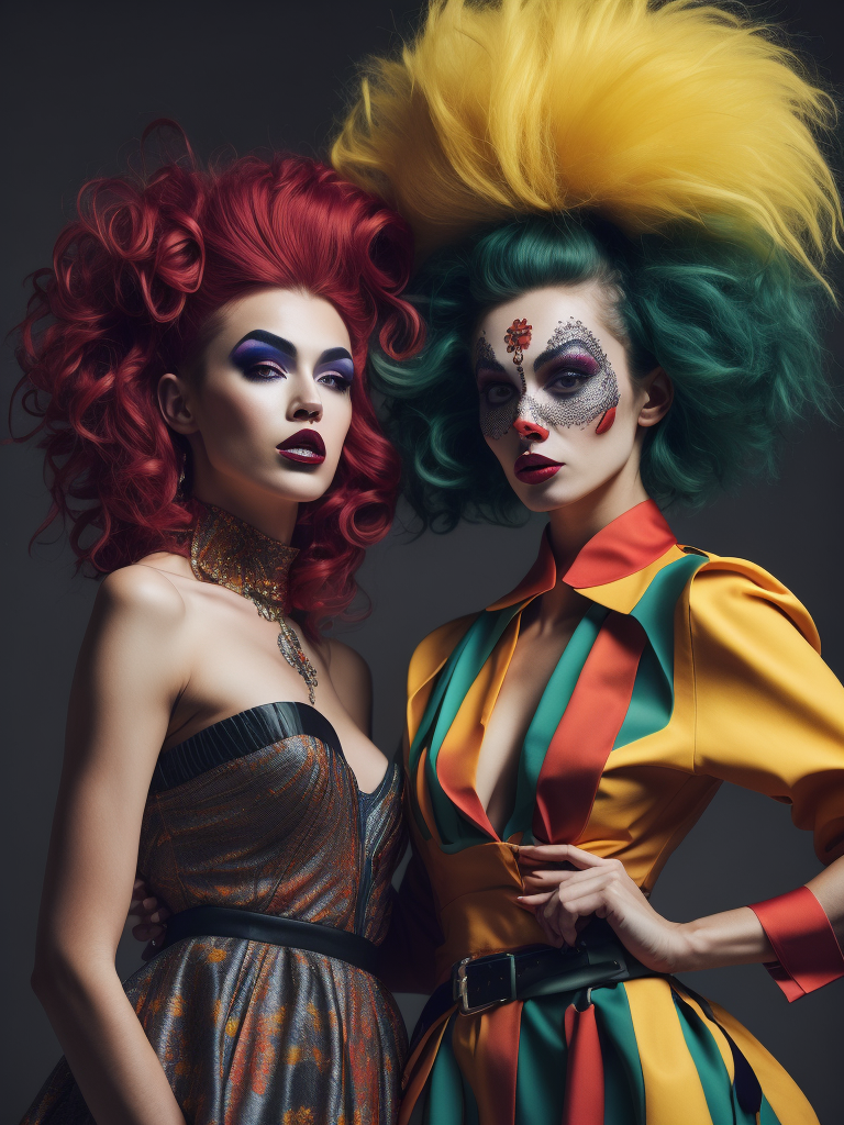 two women dressed in colorful clothing with large hair and make - up in the shape of clowns Avant-garde Fashion