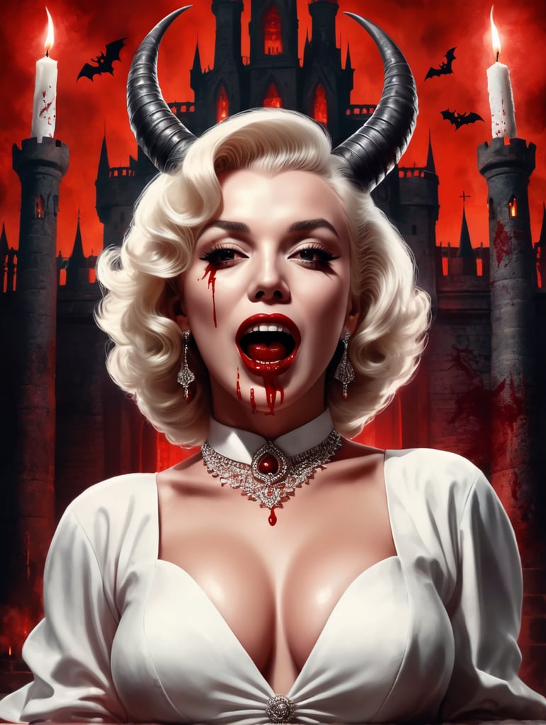 marilyn monroe com chifre e olhos 100 pretos e sangue na boca, como se estive possuida, num castelo com luzes vermelhas, vela e morcegos