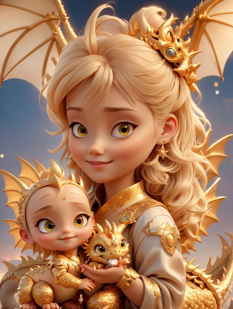Cute young blonde headed cyberpunk girl holding her golden baby dragon, fantasy, exquisite detail, catch light, low contrast, high sharpness, depth of field, golden hour, ultra detailed photography, shiny stars in the sky