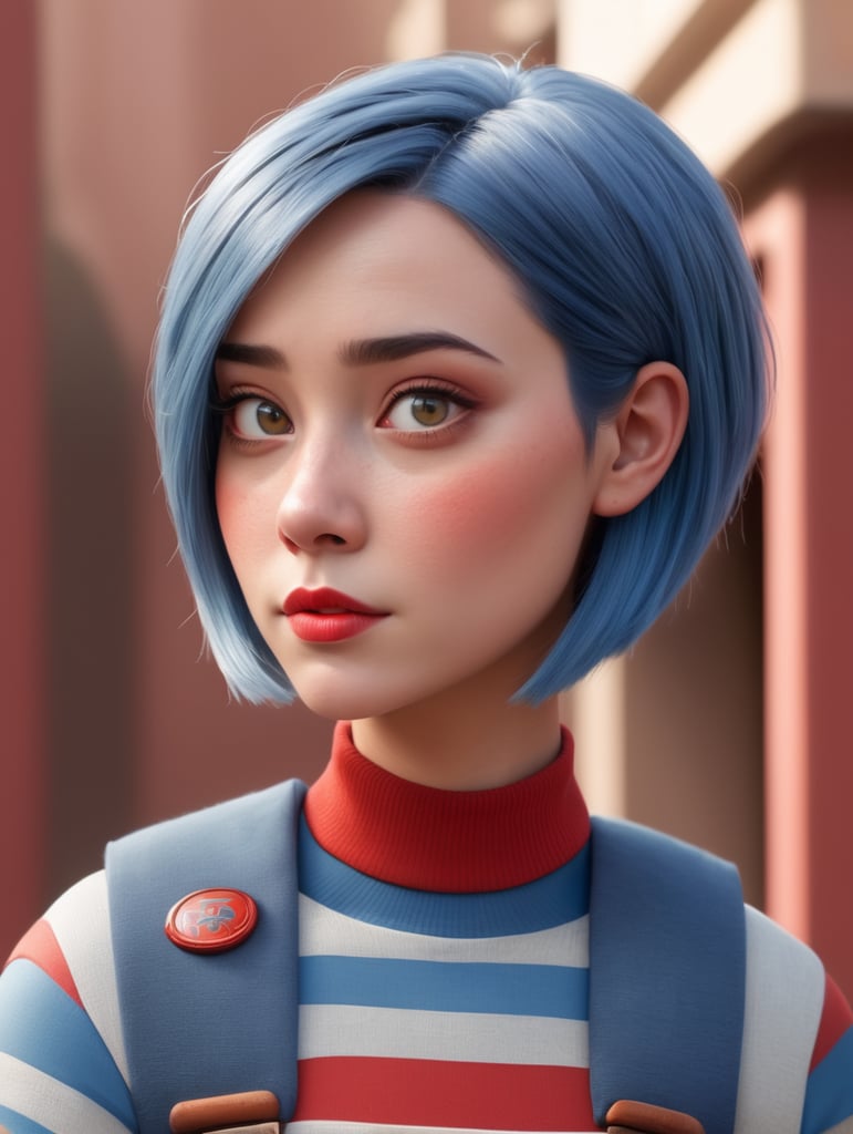 disney 3D pixar style female character with short blue hair and red stripes, red marks on her cheeks