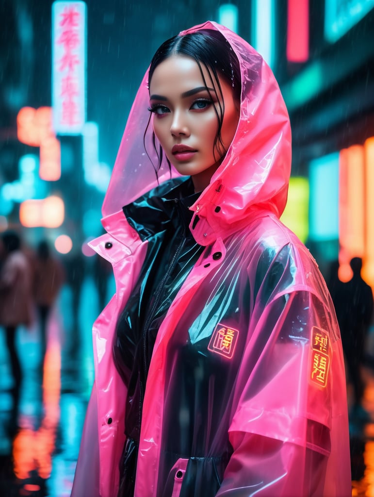 Portrait of A super model women wearing translucent raincoat, standing on a street under the heaviest rain, neon cyber city, dark night, neon signs,