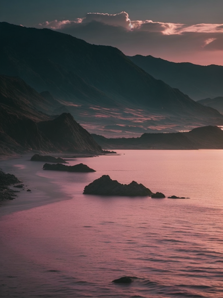 Blurry landscape of the pink sea at dawn