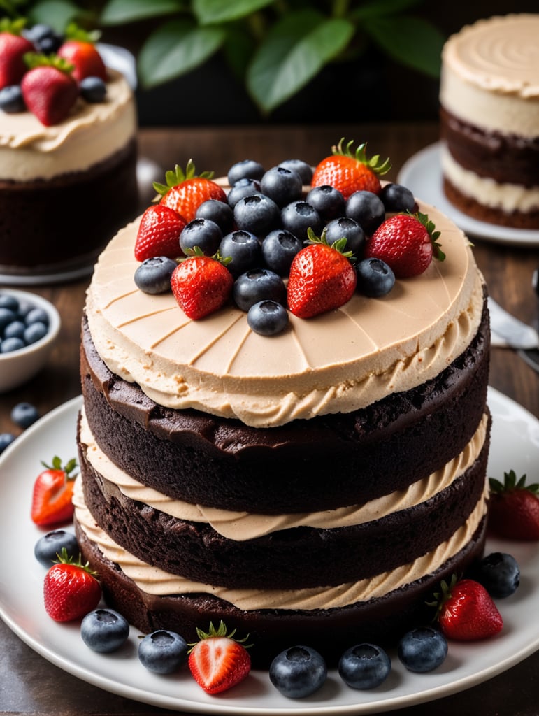 Fudge cake with chocolate icing topped with berries 3 layer chocolate fudge cake with strawberries blue berries and raspberries