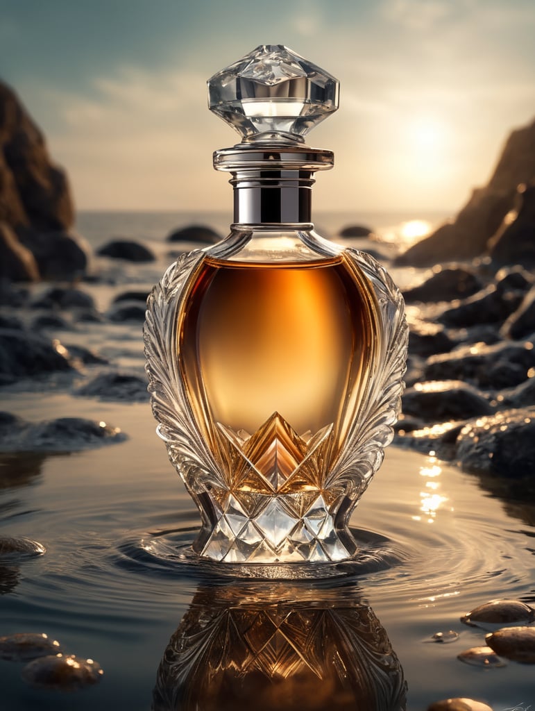 A delicate and noble glass perfume bottle was placed in the middle of the water，The sunlight asperses full, on the water flutters falls ，the petalhas ，the dewthe crystal ，clear feelingthe warm color tone,Headshot Center，the composition，Hyper，realistic style，realistic，photography，high detailhigh quality，high resolution，8k