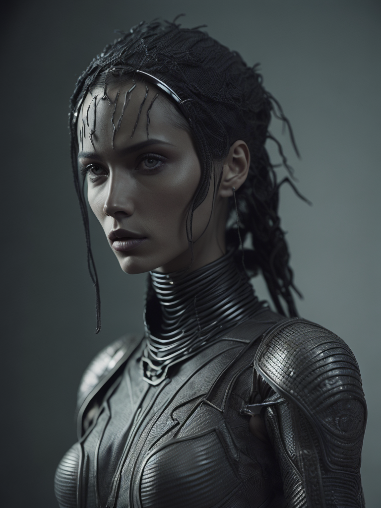 Female robot, Giger style, black and white, high contrast, metal face, many details, slim, stylized body