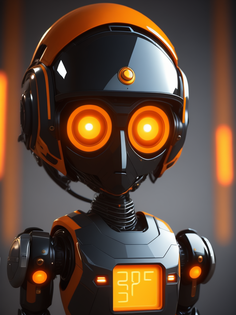 Robot AI màu cam và đen, lùn và dễ thương, mô hình 3d đơn giản, mang áo khoác và mắt kính