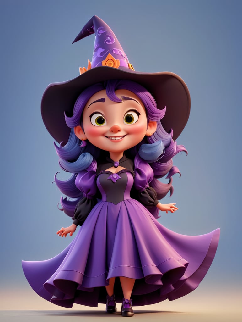 A charming and mischievous Full body witch character in Disney Pixar style, wearing a pointy hat