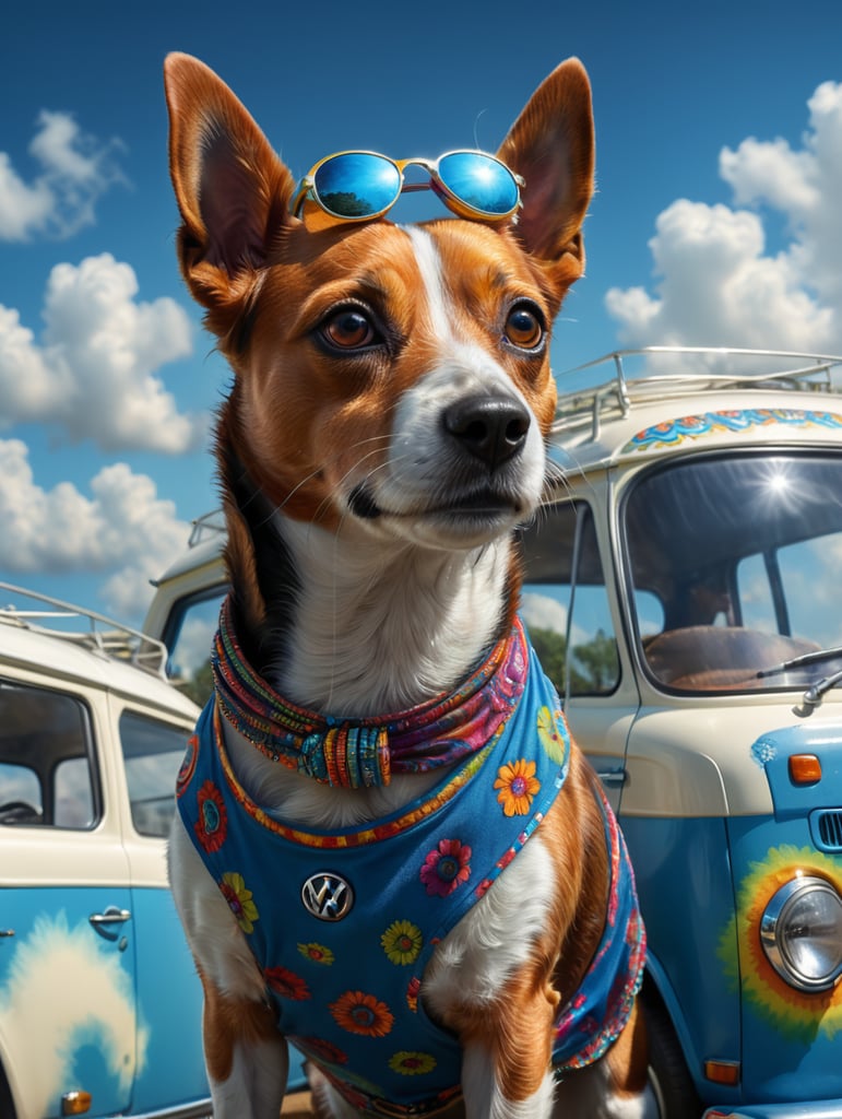 Photorealistic portrait of a jack russell dog in a psychedelic hippie's outfits, realism, a blue and white volkswagen kombi in the background, summer