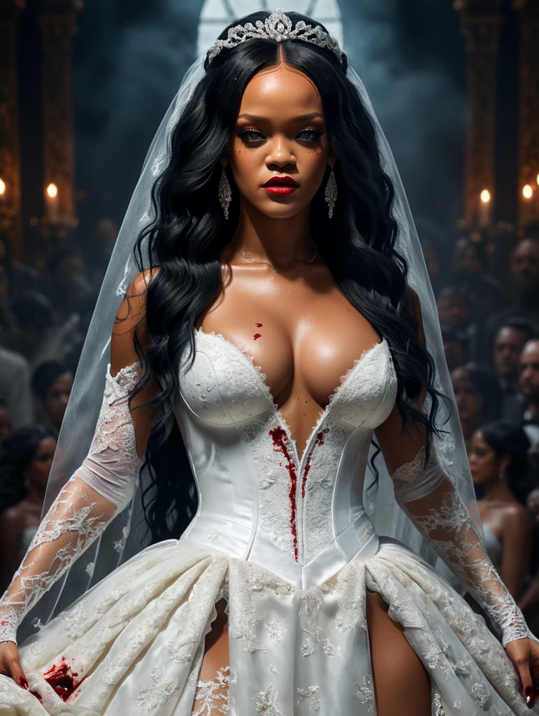 Rihanna with long hair, wedding dress, complete Body, head, arms, legs, feet, bloody, horror, music video, super realistic, 4k, 8k, Ultra Graphic, Full HD