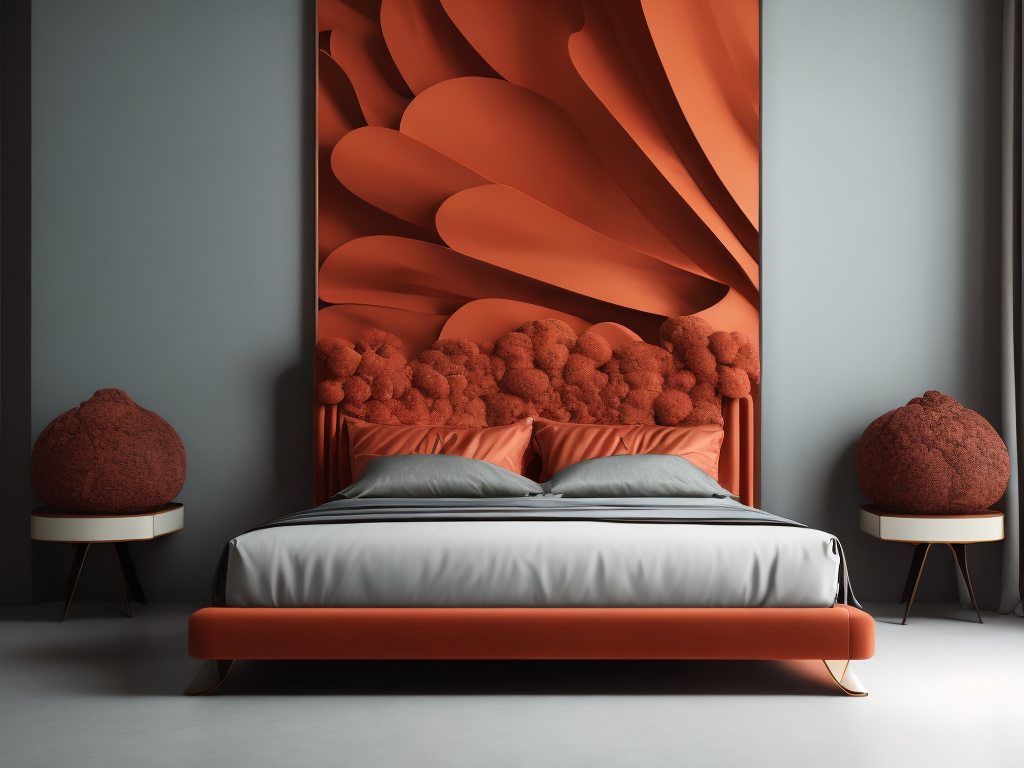 Bed. pinin farina , italian design, mix futuristic and art nouveau ,awesome,CORAL COLOR flowers print velvet, modern design , martin brudnisky Design Studio IN THE BOTTOM OF THE OCEAN armani milano cinematic, render, uktrasofisticated