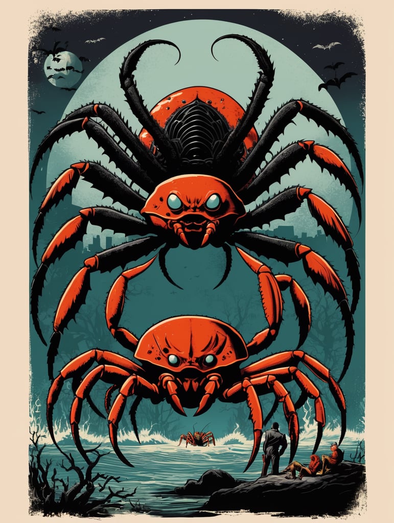 1950's b-movie horror halloween t-shirt print design featuring a giant crab and black widow spider