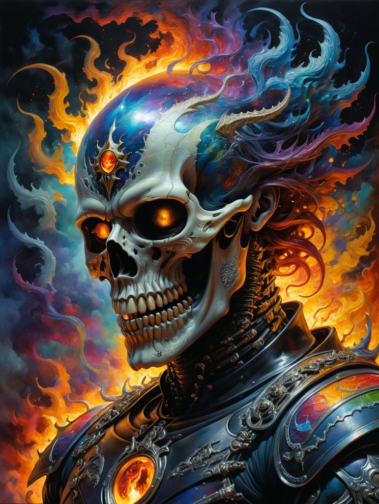 Ghost Rider Galaxy's universe Psychedelic colorful multi-colored fractal golden ratio Alex Grey style complex hyper detailed 8K resolution depth of field neo-impressionism expressionist style oil painting, smooth post-impressionist impasto acrylic painting, thick layers of colourful textured paint art by Peter Gric and Ian Miller and Santiago Caruso and HR Giger and Gerald Brom : concept art : illustration : painting : watercolor : ink : fantasy : (gothic:1.2) : (horror:1.2)