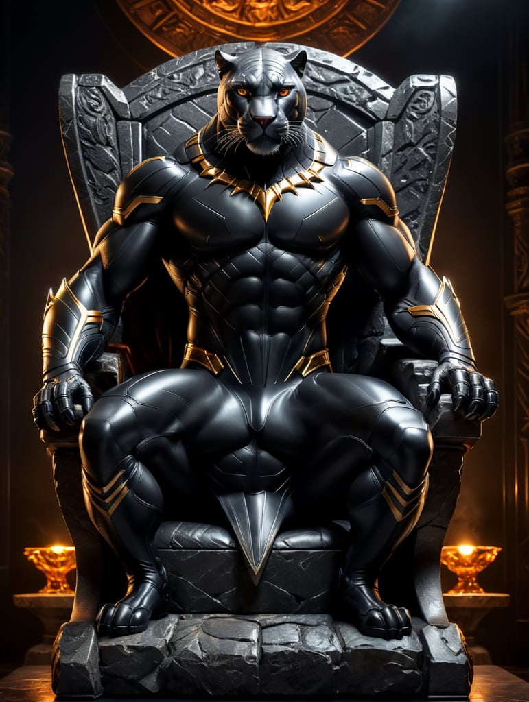 Panter Like Syper Hero setting in a beautiful modern stone chair, studio shot, black background, studio light, hyper realistic, hyper detailed