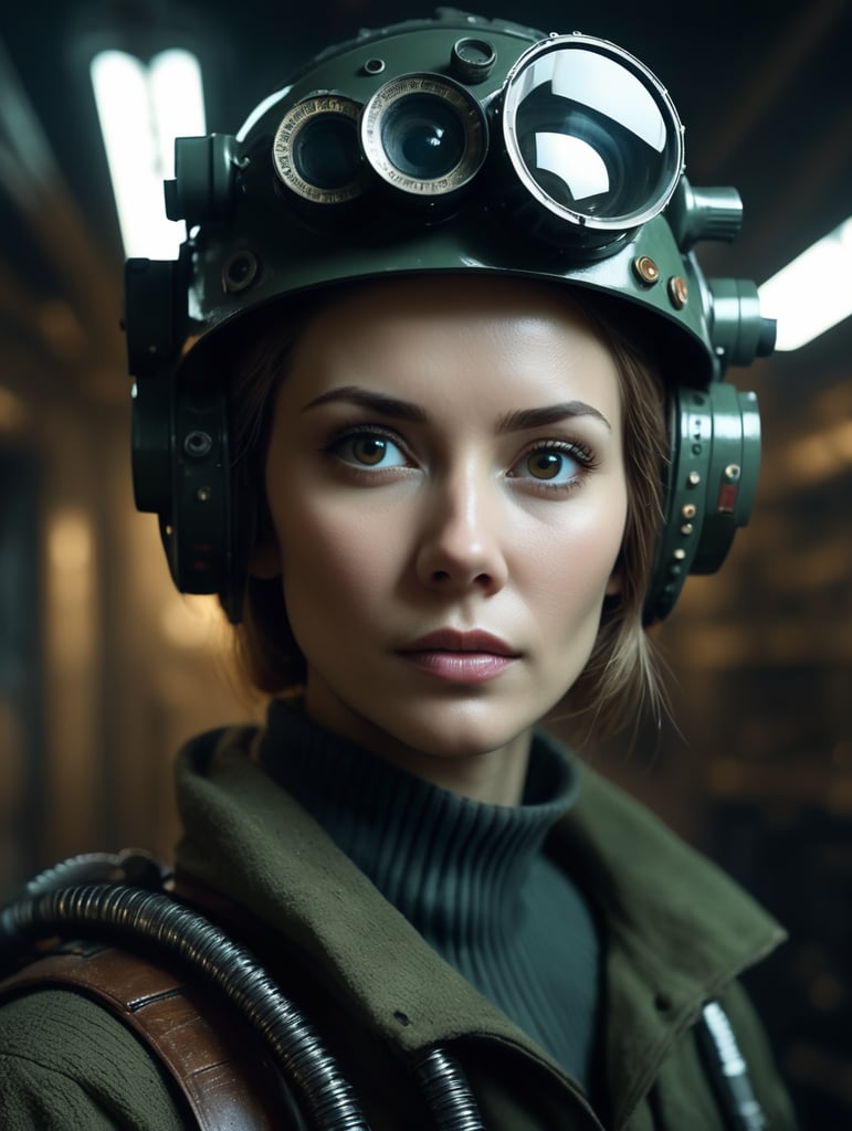 Leica environmental portrait of woman looking at the camera in a dystopian sci-fi home ussr, in the style of dark hues, ussr, coded patterns, sparse and simple, uhd image, urbancore, sovietwave, shadowplay