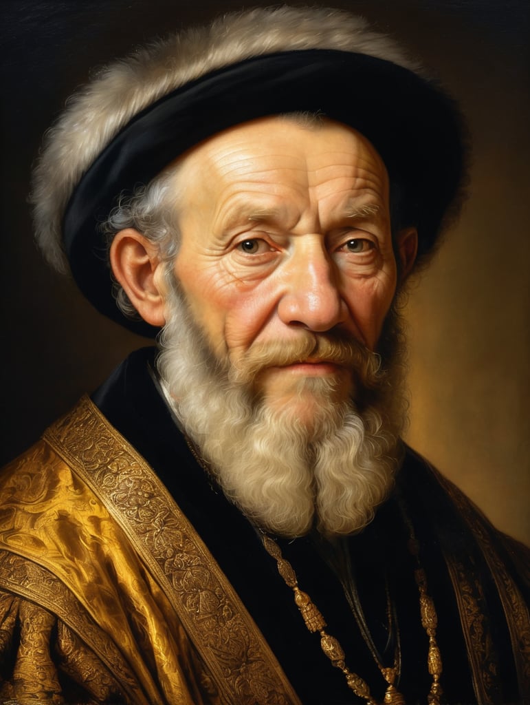 A masterpiece painting by Rembrandt Van Rijn, a hiper-detailed portrait of an old man, intrincate beard details, extremely beautiful clothing, gold, reflects, masterpiece composition, golden ratio composition, baroque illumination