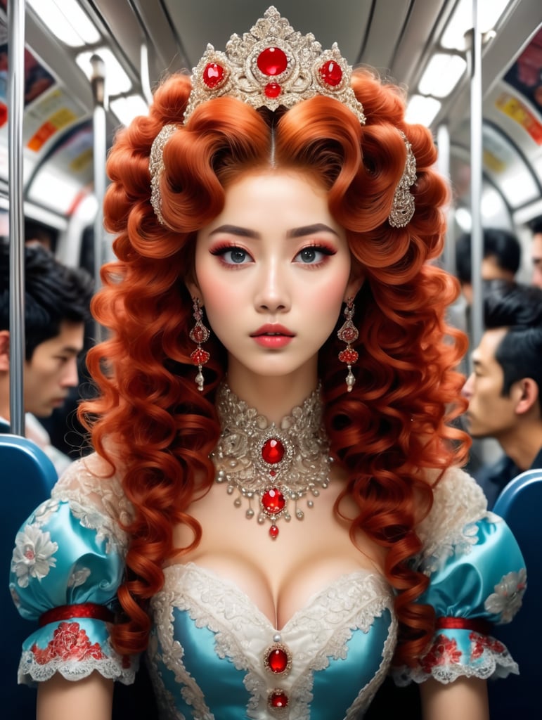 "beautiful rococo princess sitting on the japanese metro", elaborate gown, massive curly red rococo hair, head and shoulders portrait, pretty eyes, 8k photo. crowded metro with onlookers