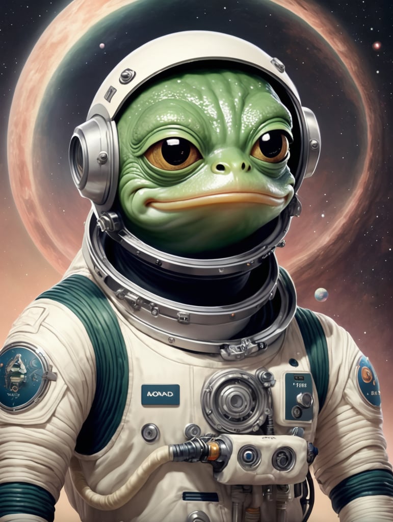 pepe the frog in the space she has a space suit that says Monad