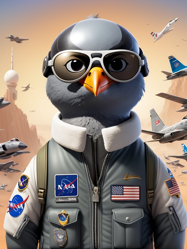 a 3D Pixar art poster featuring a cute looking full size pigeon with two grey strips wearing a aviator rayban sun glasses and a nasa air force jacket with a name badge written its name "Doori" with a fighter aircraft F14 resting at the back.