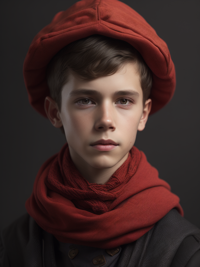 pioneer boy with a red scarf around his neck and a red cap in the style of the artist Jan van Eyck.