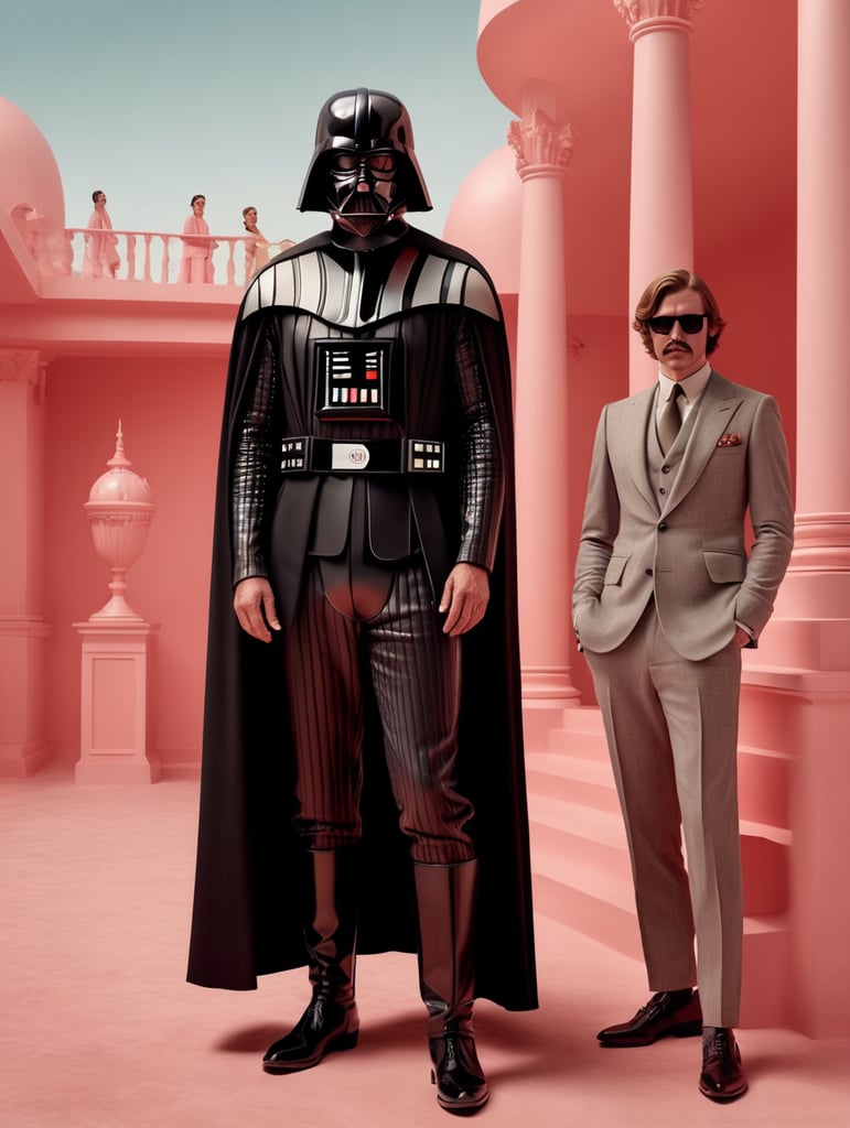 vogue photoshoot of Darth Vader of Star Wars in Wes Anderson style, hyperrealistic photography, Wes Anderson style, 8k