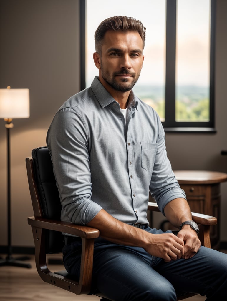 man posing for a shooting o the chair