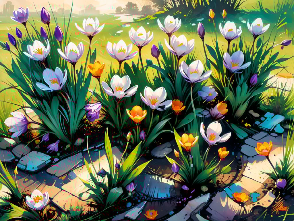 Crocuses growing in a grass lawn in spring. Viewed from ground level.