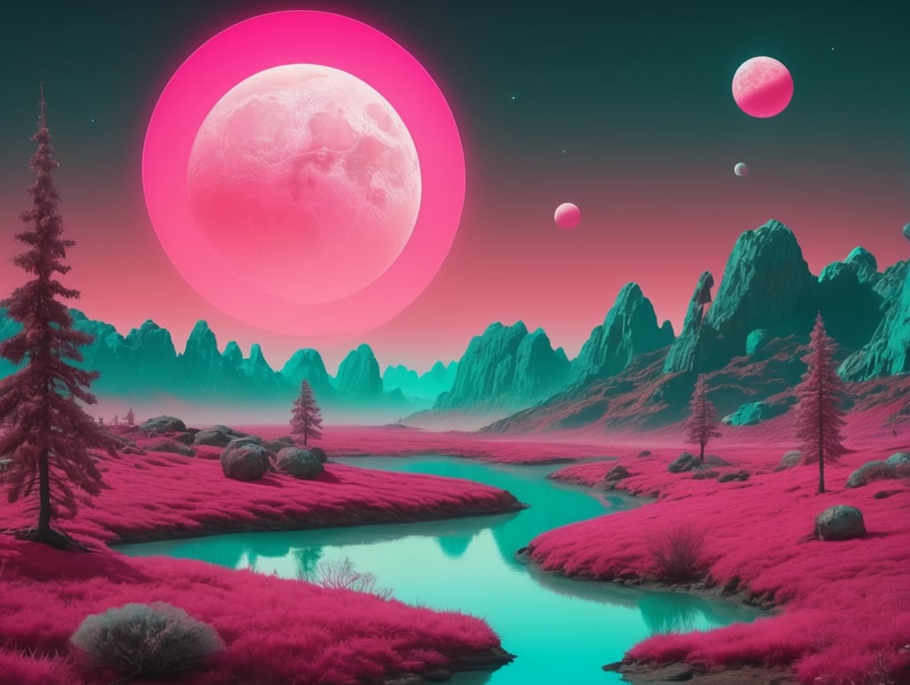 neon pink and teal planet landscape, two moons in the sky