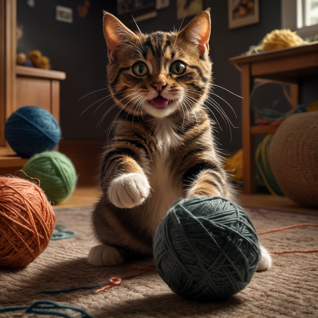 Ritratto di nn gatto che gioca freneticamente con un gomitolo nella stanza da giochi di un bambino, foto realismo qualità cinematografica