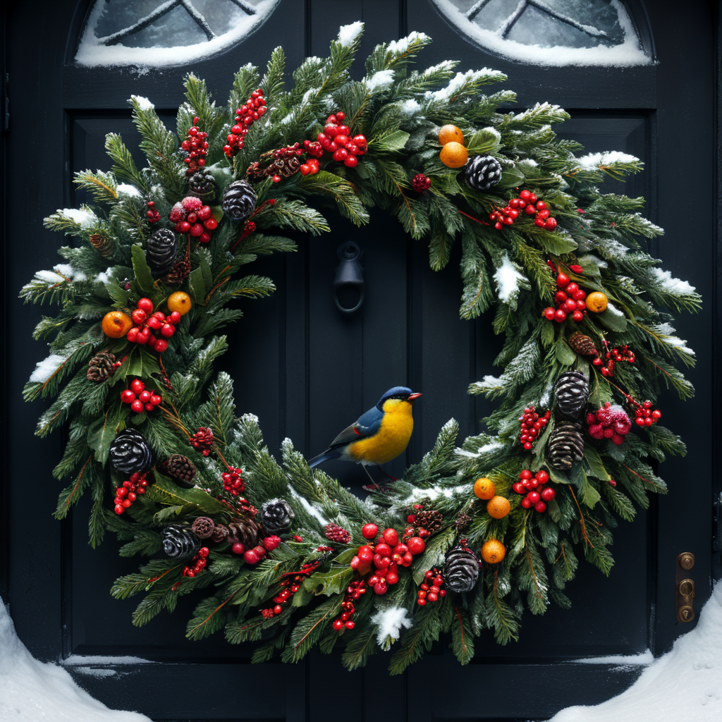 close up photo of a christmas wreath with a bird and berries on it, snowy atmosphere, dark colors, deep colors