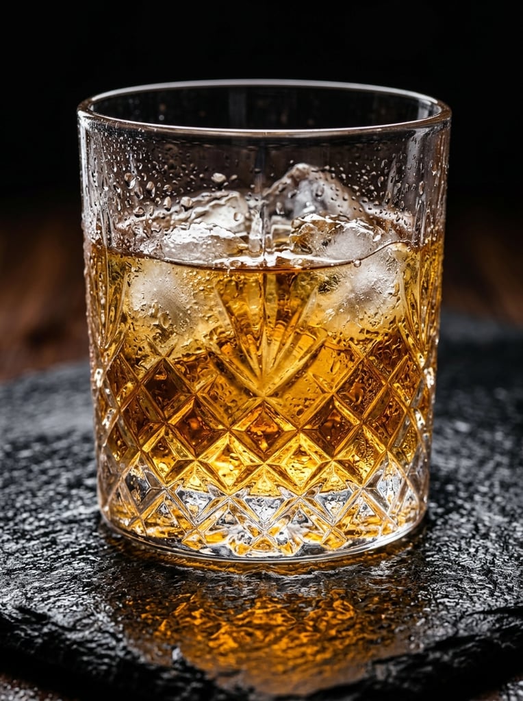 A heavy crystal tumbler filled with an amber spirit and fractured ice cubes rests on a textured charcoal stone surface. The lower half of the glass features an intricate diamond-cut pattern refracting the rich, golden-brown liquid. Crisp condensation droplets cling to the entire exterior. Dramatic directional studio lighting illuminates the beverage, creating a luminous internal glow that casts a warm amber reflection onto the rough slate foreground. The close-up macro composition uses a shallow depth of field, keeping the melting ice and faceted crystal in sharp focus against the softly blurred dark background.
