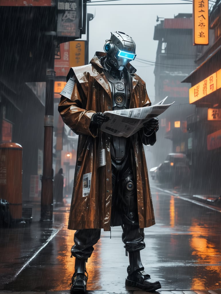 A robot wearing a transparent raincoat, standing outside in the rain and reading a newspaper, rusty and worn out, on a dystopian cyberpunk street, photorealistic urban punk, dark atmosphere with bright accents, contrast lighting