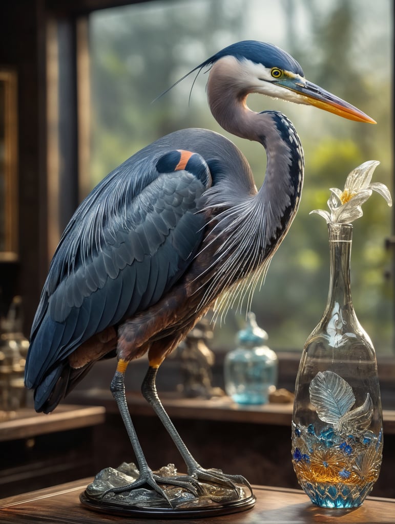 A blue heron as a blown-glass figure , life sized , ultra intricate and insanely detailed , 500 mp uhd , no blur , sharp focus --q 5