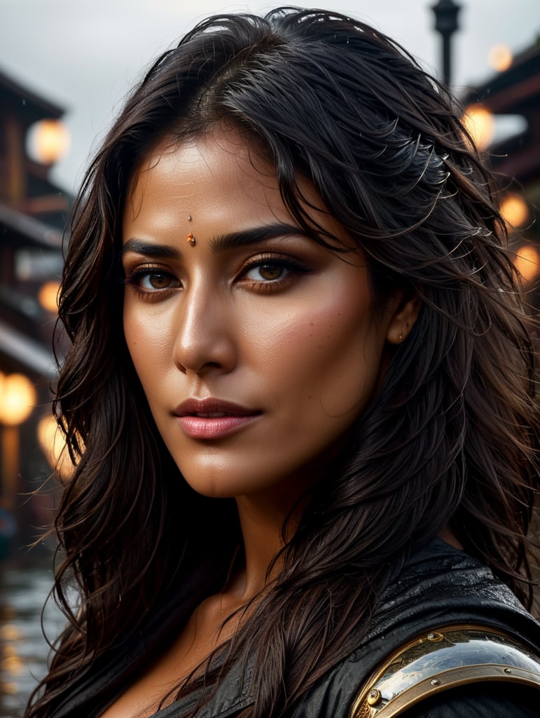 "beautifully demure Chitrangada Singh outside in the rain, dusky skin, big beautiful kohl eyes, wet dense black long hair, black eyes, alluring, revealing, blushing. Intricate details, HDR, beautifully shot, hyperrealistic, sharp focus, 64 megapixels, perfect composition, high contrast, cinematic, atmospheric, mid shot, photorealistic" "head and shoulders portrait, 8k resolution concept art portrait by Greg Rutkowski, Artgerm, Alphonse Mucha dynamic lighting hyperdetailed intricately detailed Splash art trending on Artstation triadic colors Unreal Engine 5 volumetric lighting, steampunk engine"