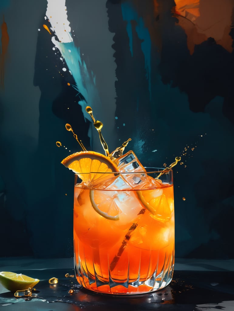 action shot of a bright orange gin cocktail with slice of dried lemon, burning flame on rim